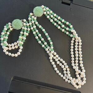 Necklace and Bracelet Set Burmese Jadeite Rose Pendant Freshwater Pearl 3 Strand